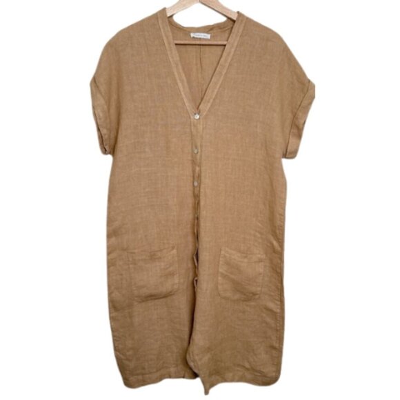 Made In Italy Womens Medium Linen Vneck Button Tan Romper - Picture 2 of 12